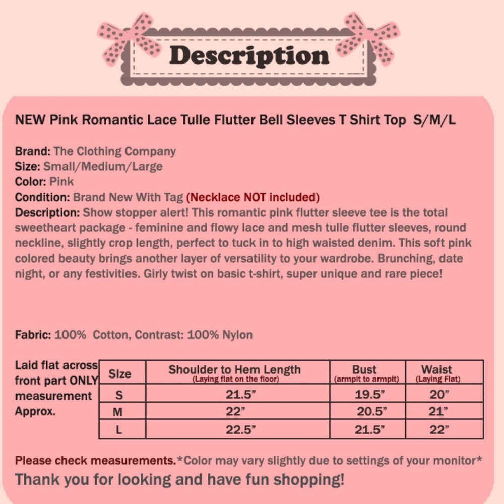 Pink Lace Tulle Flutter Sleeves Pretty Tee T Shirt - Picture 8 of 8